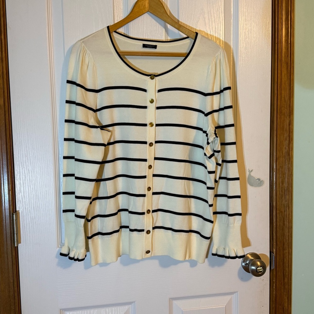 Talbots Women Petite Cream & Black Striped Gold Button Closure Cardigan 1XP